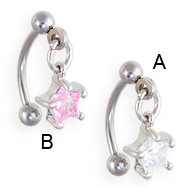 Curved barbell with dangling jeweled star, 16 ga