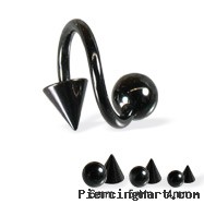 Black spiral barbell with ball and cone, 14 ga