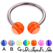 Titanium circular barbell with acrylic layered balls, 14 ga