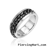 316L Stainless Steel Ring with Spinning Center Black Chain
