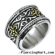 316L Stainless Steel Gold IP Cross Knight Armor Wide Ring