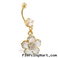 Gold Tone Belly Ring with Dangling Jeweled Flower