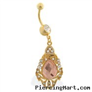 Gold Tone belly ring with dangling royal shield with large gem