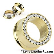 Pair Of Gold Tone Threaded Tunnels with Jeweled Rim