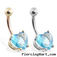 14K Gold belly ring with aqua 8mm CZ heart