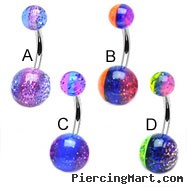 Belly button ring with multi-colored glitter stripe balls
