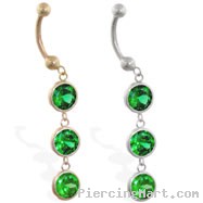 14K Gold belly ring with 3 dangling emerald circle CZ