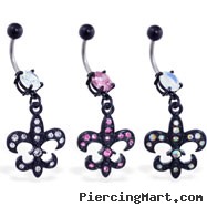 Belly ring with dangling black coated jeweled Fleur-De-Lis