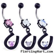 Belly ring with black coated jeweled heart and horseshoe dangle