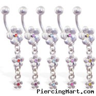 Triple jeweled flower dangling belly ring