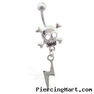 Steel skull belly ring with dangling lightening bolt