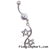 Belly button ring with jeweled double star dangle