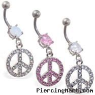 Belly ring with dangling jeweled peace sign