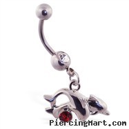 Belly ring with dangling jumping dolphins