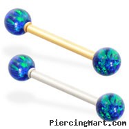 14K Gold straight barbell with Blue Green opal balls