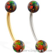 14K Gold curved barbell with Rainbow opal balls