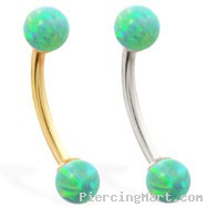 14K Gold curved barbell with Green opal balls