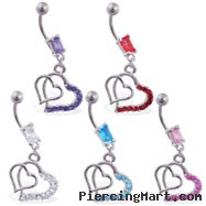 Square jeweled navel ring with dangling double hearts