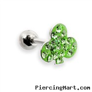 Steel cartilage barbell with jeweled clover top, 16 ga