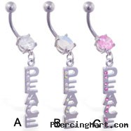 Belly ring with dangling jeweled "PEACE"