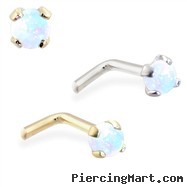 14K Gold L-shaped Nose Pin with 2mm Round White Opal