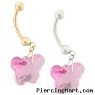 14K Gold Belly Ring with Dangling Pink Swarovski Crystal Butterfly