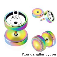 Pair Of Rainbow Titanium Anodized Fake Plugs with Soda Can Top, 16 Ga