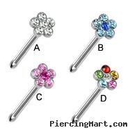 Stainless steel nose bone with jeweled flower, 20 ga