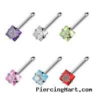 Stainless steel nose bone with 3mm square gem, 20 ga
