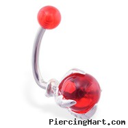 Steel claw navel ring with red UV ball