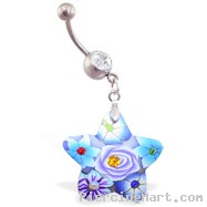 Belly ring with dangling murano style rubber jeweled star