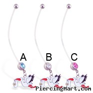 Super long flexible bioplast belly ring with dangling baby stork
