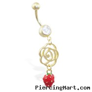 Gold Tone belly ring with dangling rose outline and strawberry