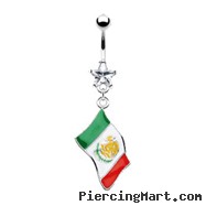 Belly Ring With Dangling Mexican Flag