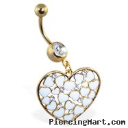 Gold Tone Belly Ring with Dangling Heart with Hearts And Gems