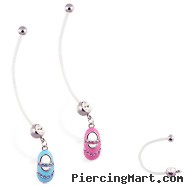 Super long flexible bioplast belly ring with dangling jeweled baby shoe