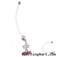 Super long flexible bioplast belly ring with dangling "ITS A GIRL"