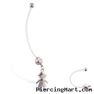 Super long flexible bioplast belly ring with dangling jeweled boy