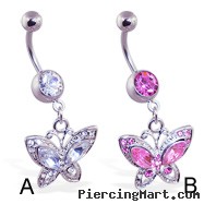 Belly ring with dangling jeweled butterfly