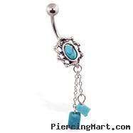 Turquoisebelly ring with dangling chains and Turquoisebeads