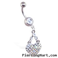Belly ring with dangling multi-colored jewel paved heart