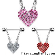 Nipple bar with dangling pave jeweled heart