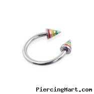Stainless Steel Circular (Horseshoe) Barbell With Rasta Colored Epoxy Striped Cones, 16 Ga