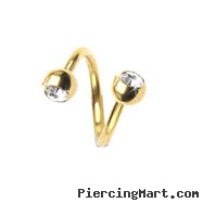 Gold Tone Twister Barbell With Jeweled Balls, 14 Ga