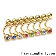 Gold Tone 5/16"(8mm) long eyebrow ring with jeweled CZ balls, 16 ga