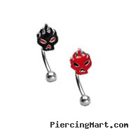 Curved barbell with flame skull top, 16 ga
