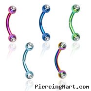 Titanium anodized curved barbell with clear jeweled balls, 16 ga