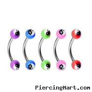 Curved barbell with colored acrylic ying-yang balls, 16 ga