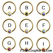 Gold Tone captive bead ring with gem, 16 ga