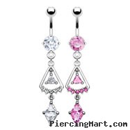 Belly ring with dangling jeweled triangle CZs